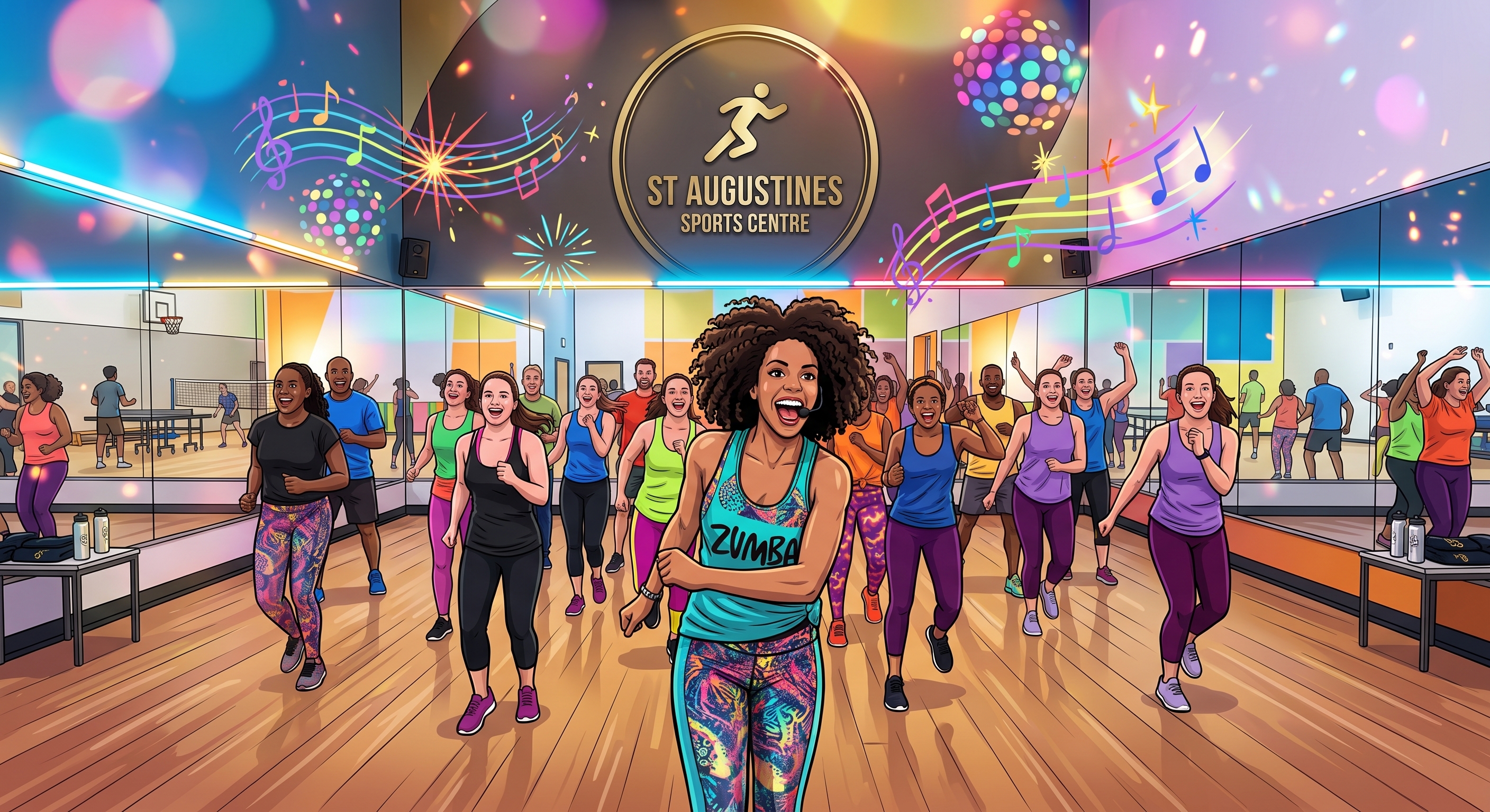 Illustration of a lively Zumba class at St Augustine's Sports Centre